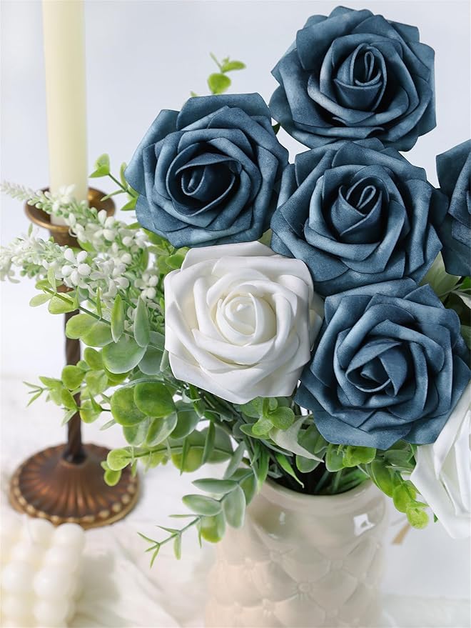 Meldel Artificial Flower Rose 25pcs Real Looking Blue Fake Foam Roses with Stems for DIY Wedding Bouquets Gifts Bridal Shower Faux Floral Centerpieces Arrangements Home Party Tables Decorations