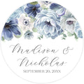 Personalized Floral Wedding Stickers with Your Choice of 30 Flower Styles - Choose Font and One of Five Pre-made Phrases or Add Custom Text (021 - Blue Flowers)