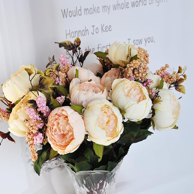 2pcs Artificial Peony Bouquets,19 Inch Silk Peony Bunch with 7 Faux Flowers,Classical Style Artificial Flowers with Leaves and Ornaments for Wedding,Home Décor Centerpieces(White)