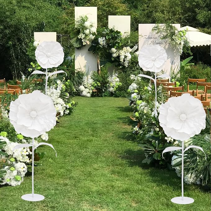White Giant Flowers with Stand - 3 Metal Base Giant Paper Flower Flexible Big Flowers Decor for Birthday Party Baby Show Wedding Art Exhibition