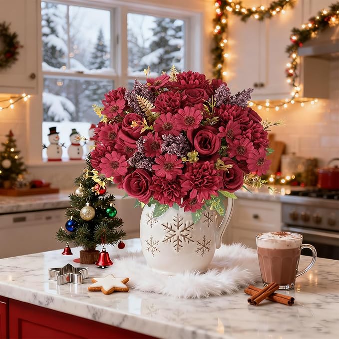 Dremisland Artificial Christmas Flowers Like Real Artificial Bouquet 2 Packs Silk Artificial Roses Bouquet with Daisy Chrysanthemum Burgundy Flowers for Christmas Centerpiece Table Home Decor