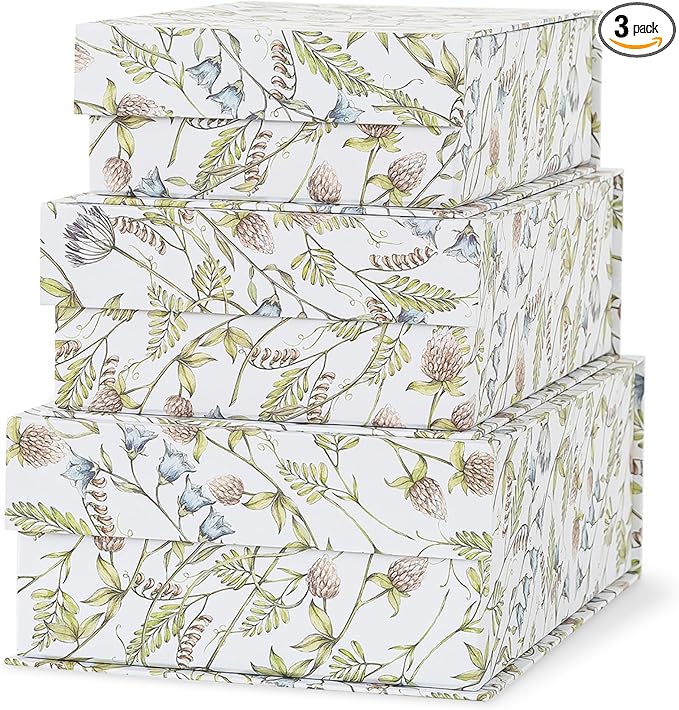 Soul & Lane Decorative Cardboard Storage Boxes, Set of 3 Floral Pattern Keepsake Boxes with Magnetic Closure, Nesting Memory Storage for Organizing and Home Décor, Wild Garden