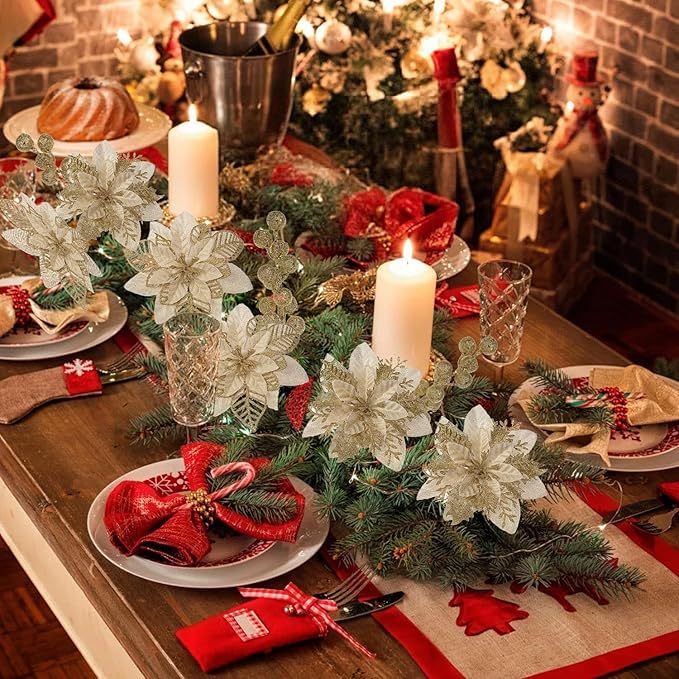 24 Pcs Gold Boxed Christmas Poinsettia Flowers Set, 16 Pcs Artificial Poinsettias with Clips, 8 pcs Glitter Christmas Tree Ornaments Berry Stems for Wedding Home Holiday Xmas New Year Decorations