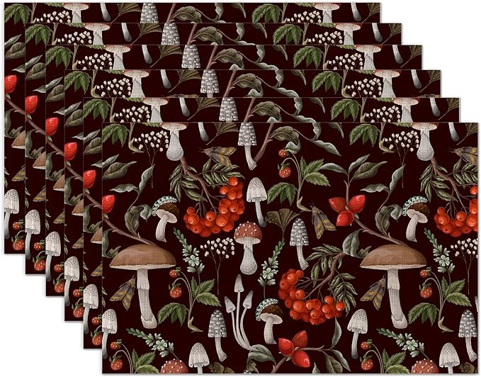 Mushrooms Berries and Plants Placemats Set of 6 Washable Table Mats for Kitchen Dining Table,Heat-Resistant Botanical Place Mats for Indoor Outdoor Party Holiday Decoration