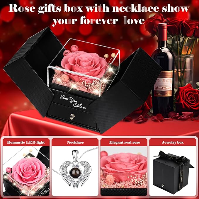 FIACO Gifts for Women Preserved Real Roses with I Love You Necklace Fresh Forever Flowers Birthday Gifts for Mom Grandma Wife Girlfriend on Anniversary Christmas Valentines Romantic Gift