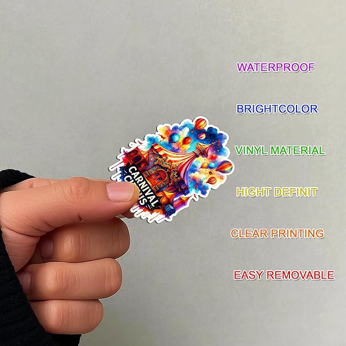 100 PCS Carnival Circus Stickers Pack, Vinyl Waterproof Decals of Clowns Popcorn Ferris Wheel Elephants, Fun Gift for Students Teens Adults Birthday Laptop Bottle Scrapbook Birthday Christmas