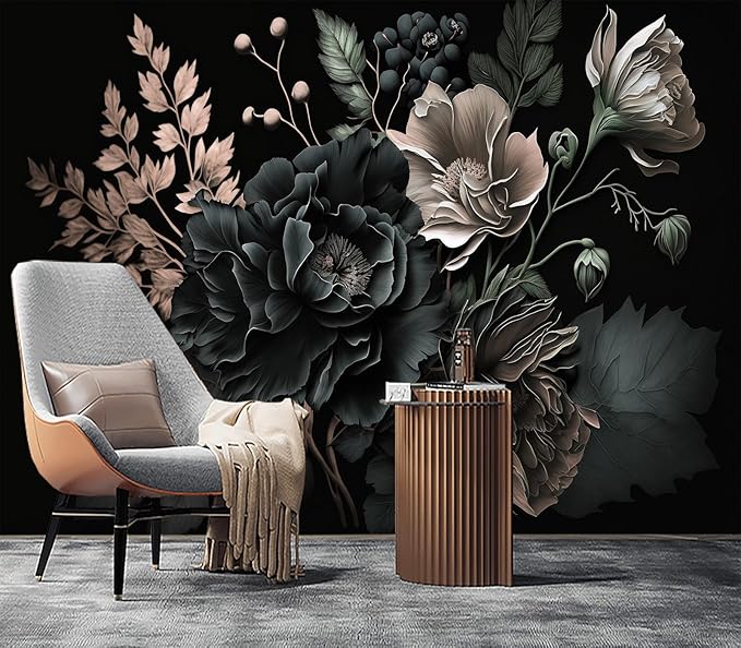 Eierme-Black Background with Flowers and Leaves Mural Wallpaper Peel and Stick 90" x 67"