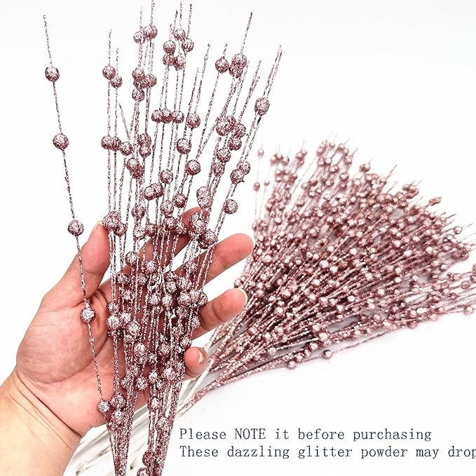 Artificial Glitter Berry Stem Decorations, Fake Bead Sticks Pick 17 Inch Stems for Halloween Christmas Ornaments Glittery Twigs Xmas Tree Wreath Vase Filler Home Decor - Champagne Pink 10 Pack