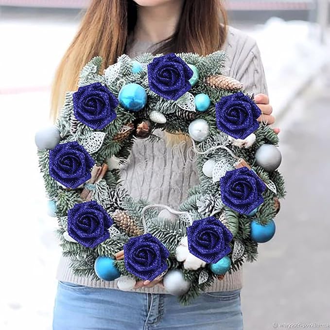 IPOPU Foam Roses,50pcs Royal Blue Glitter Roses Glitter Flowers Foam Flowers with Stem for DIY Wedding Bridal Bouquet Home Party Decoration(Royal Blue)
