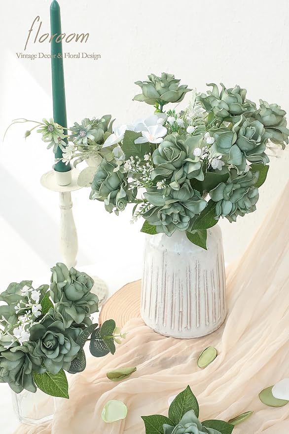 Floroom Artificial Gardenia Flowers 2.7" 25pcs Real Looking Elf Green Foam Fake Flowers with Stems for DIY Wedding Bouquets Bridal Shower Centerpieces Floral Arrangements Party Tables Decorations