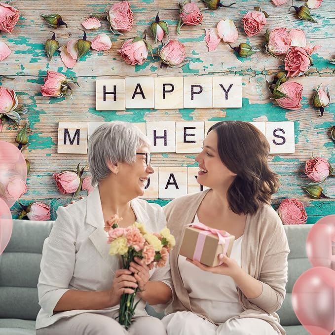 Happy Mother's Day Backdrop Flowers Wooden Pink Floral Photography Background for Mom Festival Party Banner Decorations Supplies Photo Shoot Party Banner Wallpaper Studio Props 7x5ft