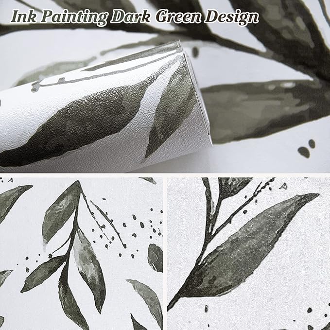 Erfoni Dark Green Leaf Wallpaper Green Peel and Stick Wallpaper 17.7in x 118.1in Modern DIY Removable Contact Paper Leaves Plant Self Adhesive Wall Paper for Livingroom Bathroom Decor Vinyl Roll