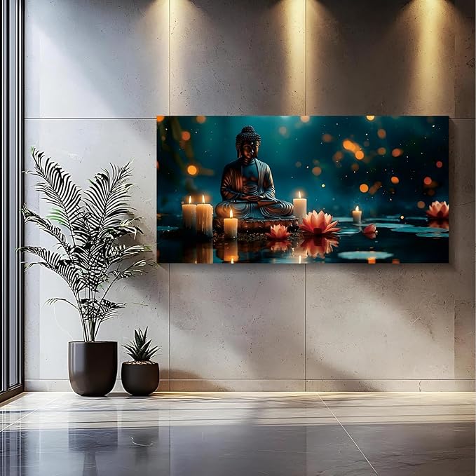 Iallbin Buddha Wall Art & Zen Wall Decor, White Lotus on Water Canvas Painting - for Yoga Meditation Room, Spa & Bathroom, Blue Art Deco Style, 48x24 Inches