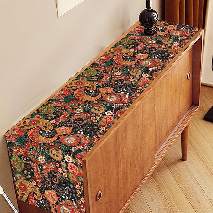 Vintage Paisley Table Runner, Colorful Retro Damask Antique Floral Flower Boho Damask Swirled Print Table Center Decor for Family Kitchen Table Decorations Indoor Outdoor 13x72 inch