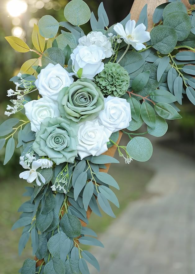 Artificial Sage Green Wedding Arch Flowers Swags Set of 2 for Welcome Signs, Reception and Ceremony Decorations - White Floral Decor