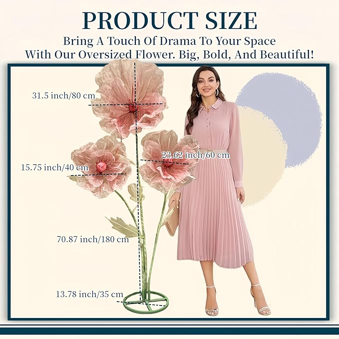 Giant Flower for Decoration, 70.87 inch Handmade Adjustable Artificial Organza Floral Decor for Wedding Birthday Baby Shower Christmas Party Backdrop Home Office Hotel Shop Window Display Props