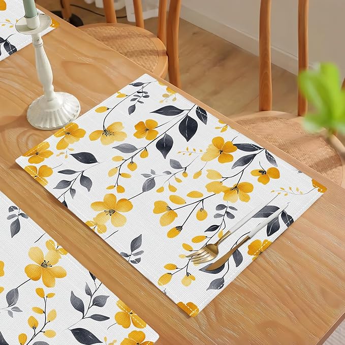Farmhouse Yellow Flowers Placemats Set of 6, Rustic Floral Place Mats, Country Dining Table Mats, Washable Spring Placemats for Kitchen Dining Room Home Decor 18L'' × 12W''