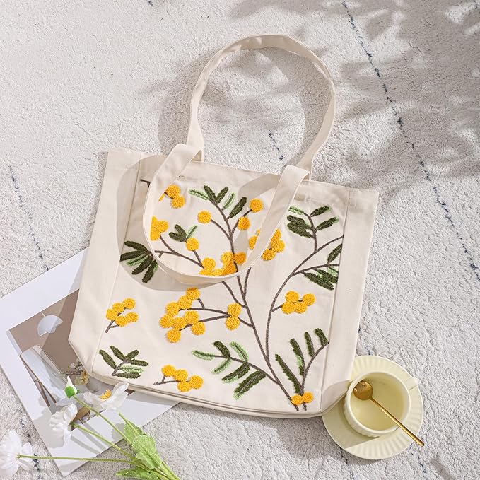 Aesthetic Embroidery Tote Bag for Lady Cute Reusable Canvas Shoulder Bag for Girls Women Shopping Grocery