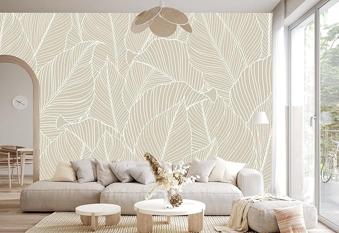 Tropical Palm Leaf Beige Wallpaper Peel and Stick Botanical Leaf Pattern Art Self Adhesive Wall Mural for Living Room Bedroom 157"x108"