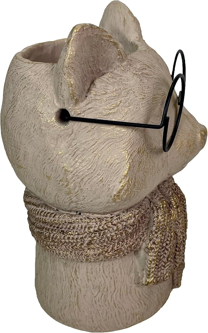 Bespectacled Fox Cement Vase 8.25 Inch – Gold Accents, Knit Textured Scarf, Real Wire Glasses, Whimsical Animal Decor, Distressed Taupe Planter for Indoor Plants, Unique Gift for Home or Office