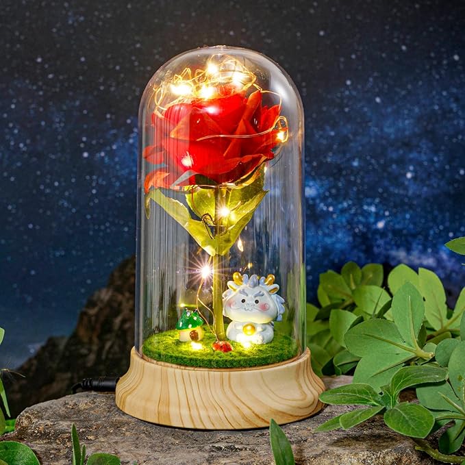 Levvohd Red Roses Birthday Gifts for Mom from Daughte, Beauty and The Beast Rose, Light Up Rose in Dome for Her Girlfriend Mom Christmas Mother Day Valentine Day Gift (Dragon)