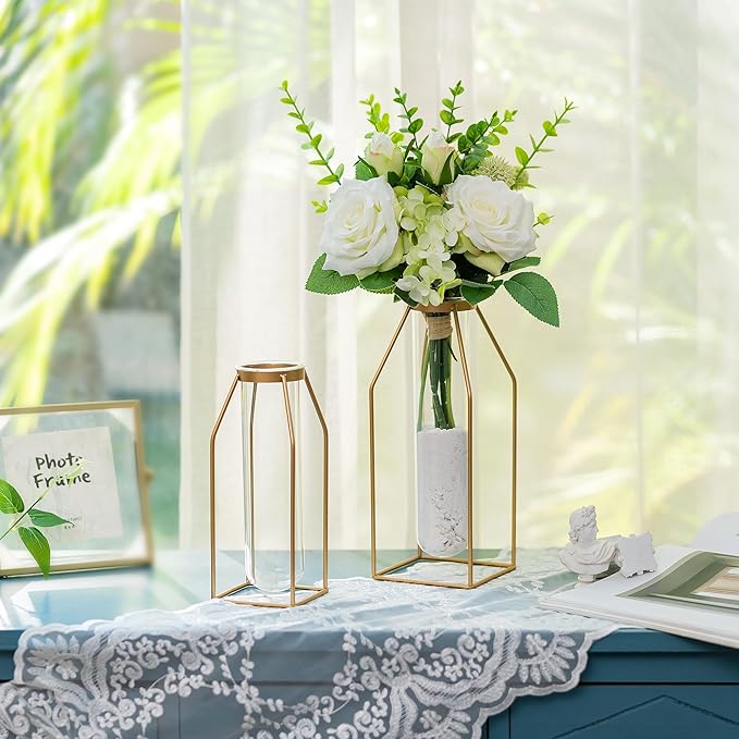 Sziqiqi Metal Flower Vase Table Decor - Gold Frame Vase with Glass Test Tubes 8"/10" Modern Bud Vase for Coffee Table Living Room Abstract Geometric Art Vase for Rose Hydroponic Plant Pampas