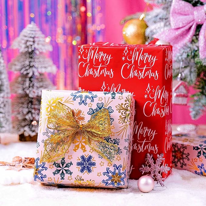 MAYPLUSS Christmas Wrapping Paper - 17 Inch X 33 Feet - Gold Snowflakes Against Pink Reversible Merry Christmas Gift Wrapping Paper, Metallic Foil Thick Gift Wrap Paper for Holiday Party New Year Kids