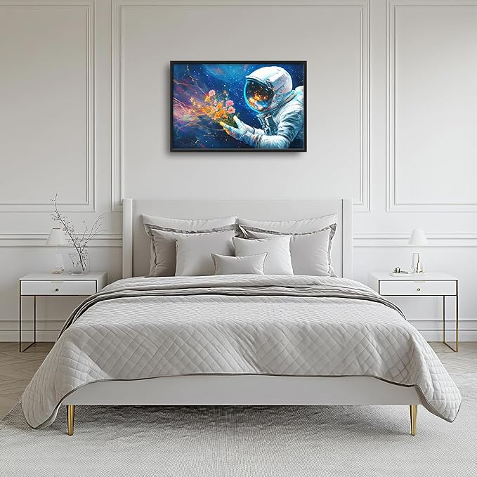 Astronaut Large Wall Art Galaxy Outer Space Pictures Wall Decor Flowers Above Over Bed Canvas Prints Painting Framed Artwork Decoration for Boys Bedroom Living Room 36"x24"
