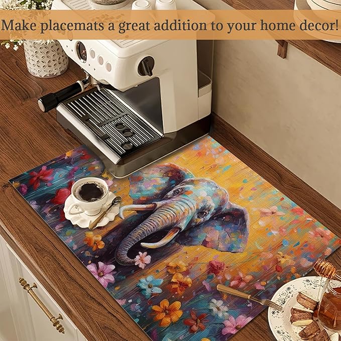 Elephant with Flowers Watercolor Placemats Set of 6 Washable Table Mats for Kitchen Dining Table,Heat-Resistant Place Mats for Indoor Outdoor Party Holiday Decoration
