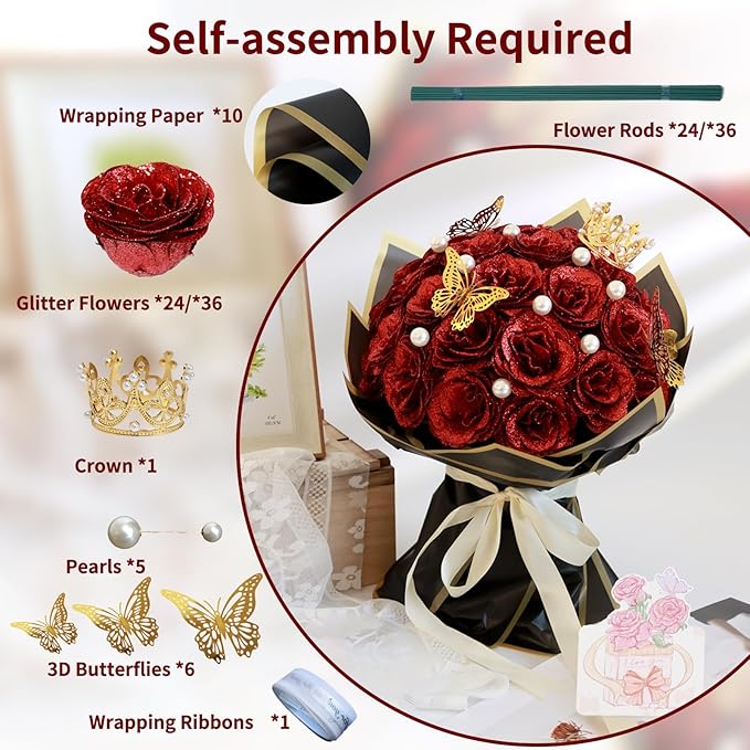 Glitter Roses Bouquet, Shiny Artificial Roses Flowers with Stems DIY Fake Glitter Flowers Bouquet for Anniversary Graduation Birthday Wedding, 24 Roses (Red)