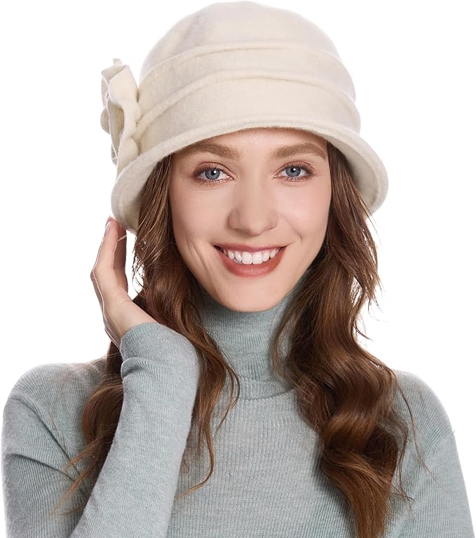 ZLYC Women Wool Cloche Bucket Hat 1920s Vintage Dress Winter Hats with Flower Accent