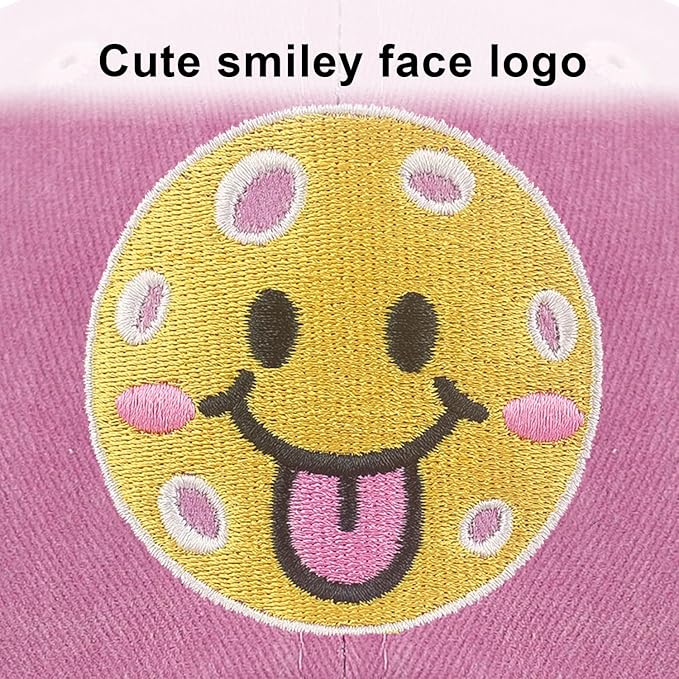 Pickleball Hat for Women Men, Adjustable Embroidered Cotton Smiley Face Washed and Distressed Baseball Cap Pink