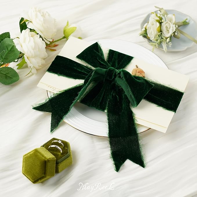 MAYREEL 2 Inch Green Velvet Ribbon Hand Torn Forest Green Silk Frayed Edge for Christmas Gift Wrapping Bridal Bouquets Invitations Wedding Vow Books Gift Baskets 3 Yards