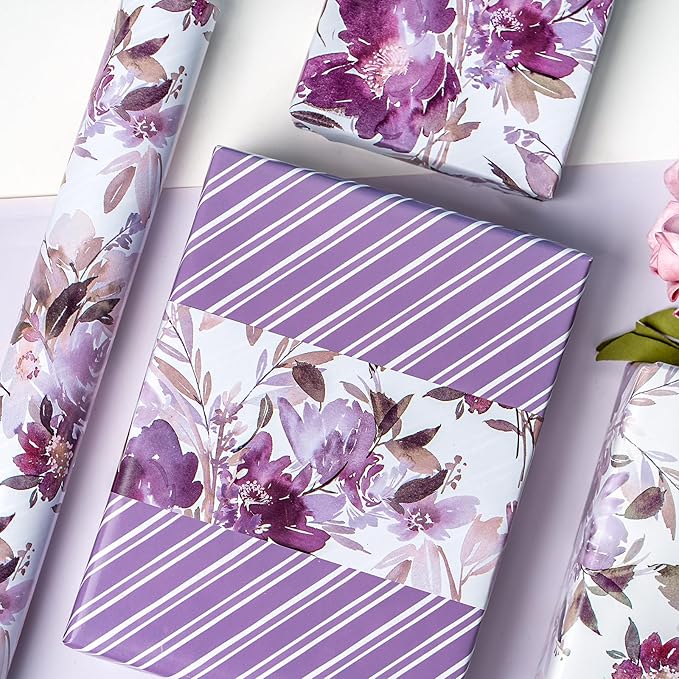 WRAPAHOLIC 30 Inch Jumbo Reversible Floral Wrapping Paper - 30 Inch x 100 Feet Purple Floral Design for Wedding, Birthday, Mothers Day, Baby Shower, Anniversary
