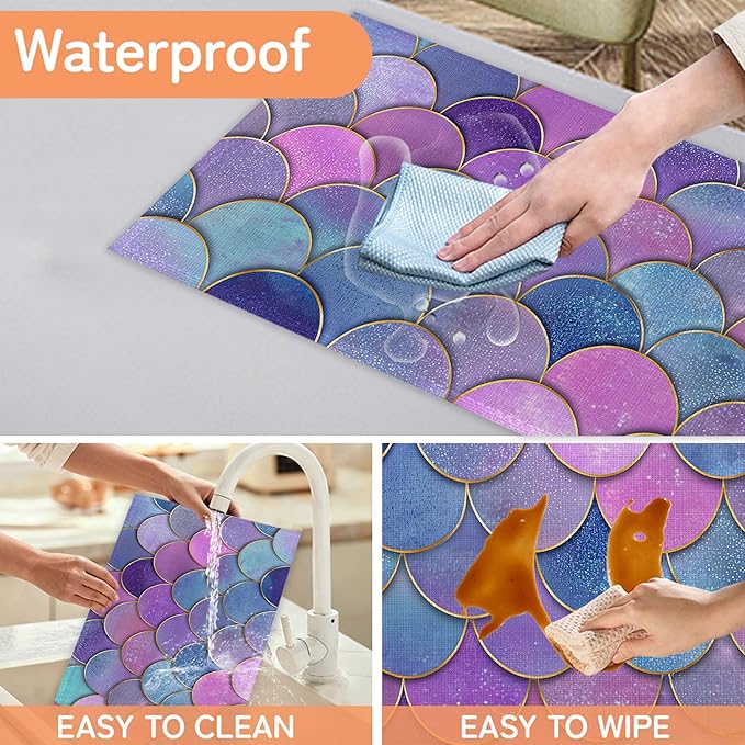 Glitter Fish Scales Placemat Set of 6,Mermaids Heat Resistant Linen Table Mats for Indoor Outdoor Home Kitchen Dining Room Table 12x18Inch