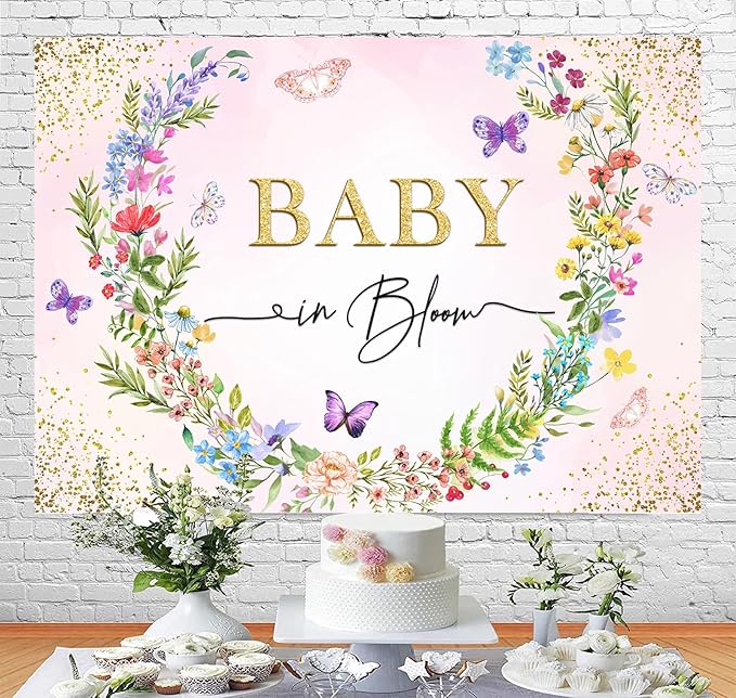 Sensfun Wild Flower Baby in Bloom Baby Shower Backdrop Banner Party Decorations,Pink Floral Butterfly Backdrops for Girls Wildflowe Baby Shower Newborn Photography Background Photo Booth Props 7x5ft
