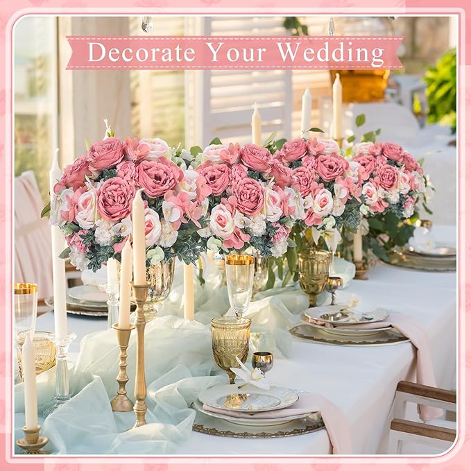 6 Pcs Artificial Peony Silk Florals Fake Mix Silk Peony Rose Faux Flower Hydrangea Bouquet Elegant Realistic Wedding Floral Centerpiece for Home Party Table Arrangement (Light Pink)