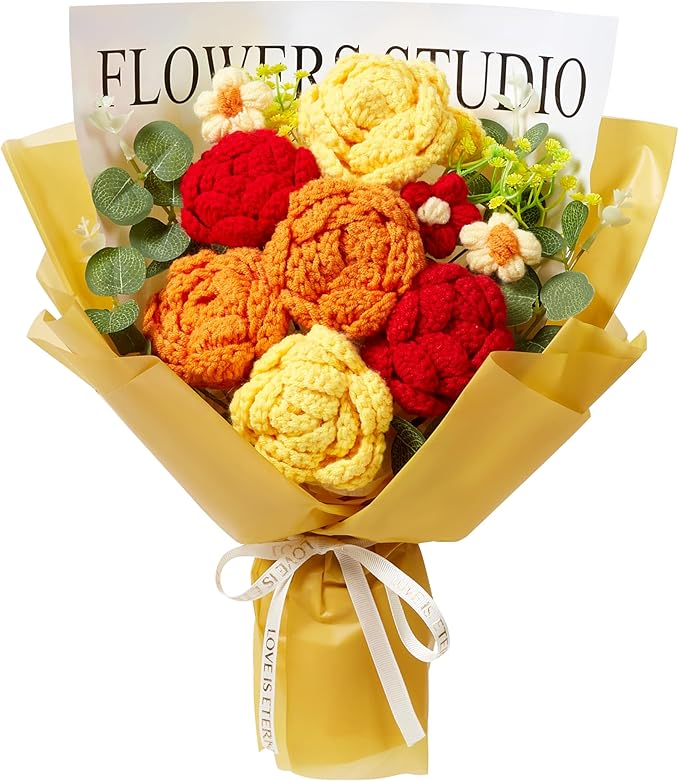 Orange Red Crochet Flower Bouquet, Orange Red Knitted Flowers Rose Crochet Bouquet Handmade for Wedding, Anniversary, Christmas, Graduation Crochet Gifts for Women (Includes Card)