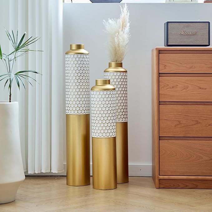 Floor Vases, Tall Home Decor Metal Vase Set of 3 Large Glazed Decorative Vases for Wedding Decor, Elegant Modern Flower Holder for Living Room, Entryway, Hallway, Dining Room