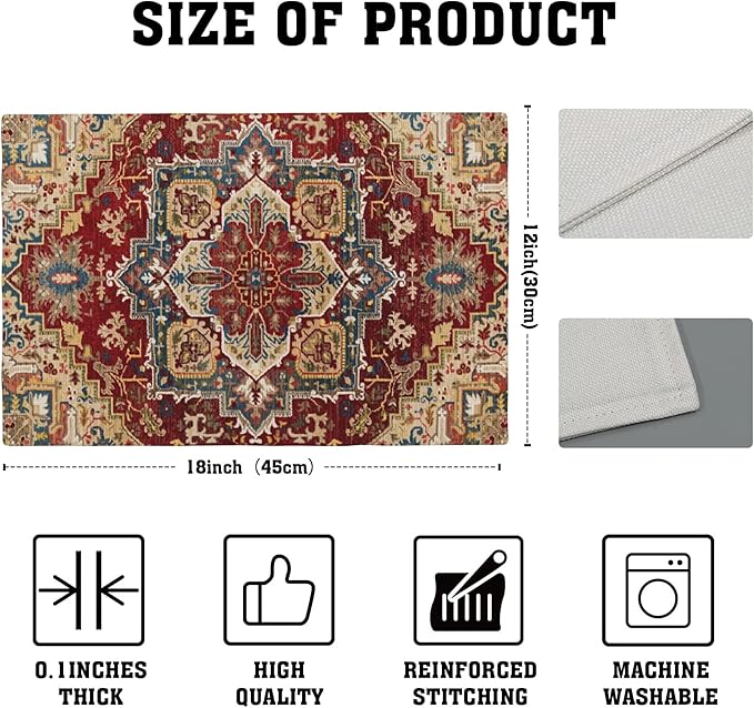 Retro Boho Carpet Placemats Set of 4,Boho 12x18 Inch Non-Slip Washable Heat Resistant Linen Fabric Table Mats,Place Mats for Holiday Party
