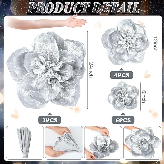 Giant Paper Flowers Artificial Large Paper Flower Decoration for Handcrafted Wall Backdrop Christmas Mexican Wedding Graduation Bridal Shower Birthday Party Supplies(Silver,12 Pcs)