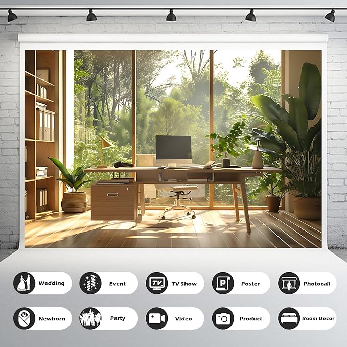 Office Background for Video Conference Modern Cozy Home Office Space Work Place Backdrop Sunlight Indoor Plants Tranquil Work Environment for Live Video Zoom Calls Studio Props Decor 20x10ft