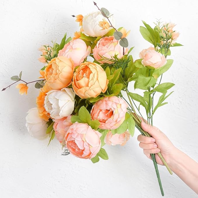 FiveSeasonStuff Harvest Keepsake Artificial Peony Bouquet – Set of 2 Faux Silk Flower Bundles with Autumn Ivory, Orange & Greenery Accents for Fall Centerpieces, Weddings & Home Decor – 1.6 ft Stems