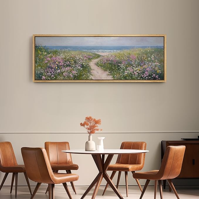 SIGNFORD Large Framed Canvas Print Wall Art Seaside Path with Wildflowers Coastal Landscape Illustrations Modern Art Relax/Calm Warm for Living Room, Bedroom, Office - 60"x20"