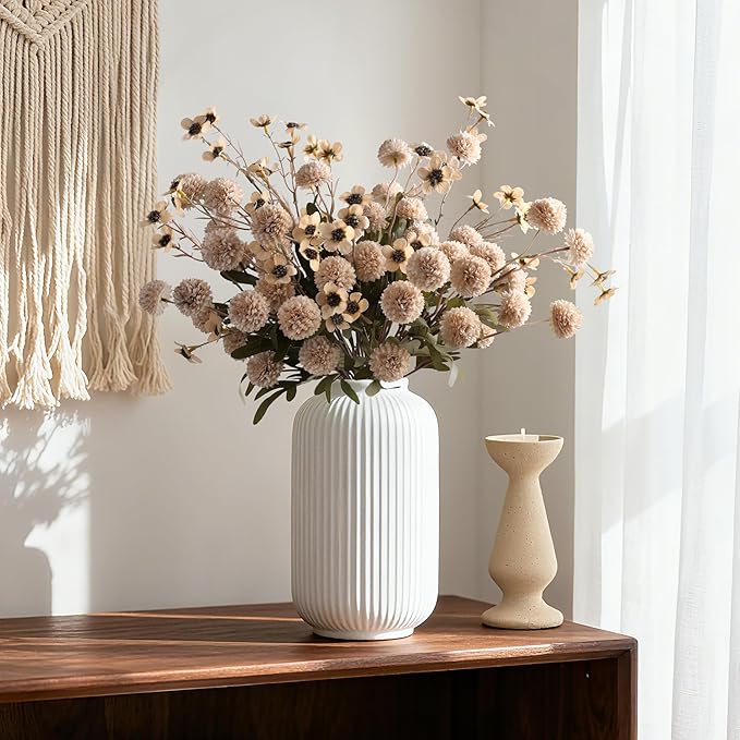 HyeFlora Fake Kiku Flowers,Faux Silk Pompon Mums 40heads Artificial Flowers,Chrysanthemum Stems Floral Arrangement Dried Flowers Vintage Decorative Indoor Home Vase Decor Beige with Wax