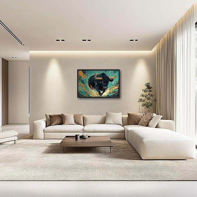 Large Highland Cow Wall Art for Living Room, Teal and Golden Bison Buffalo Wall Decor, Framed Oversized Cow Canvas Painting Modern Artwork for Living Room Bedroom Office Dining Room 36"x24"