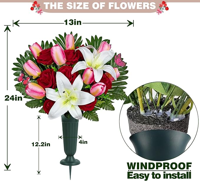 SUHOOKOO Artificial Cemetery Flowers for Outdoor Grave Decorations - Non-Bleed Colors, and Easy Fit - Pink Tulip，White Lily and Red Rose Bouquet