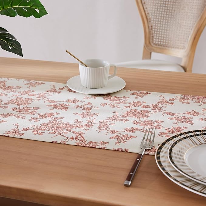 100% Cotton French Pastoral Table Runners, 13x90 Inch red Farmhouse Table Runners 90 Inches Long, Vintage Flowers Print Home Decors