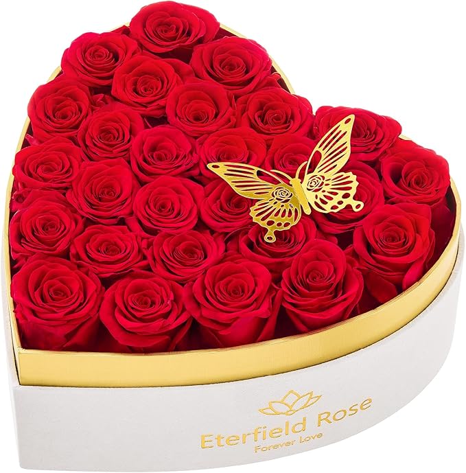 Eterfield 27 Forever Flowers in Heart Shape Box, Preserved Roses That Last a Year Preserved Flowers Birthday Gifts for Her Mom Women Wife Anniversary Valentines Day Mothers Day Christmas, Red