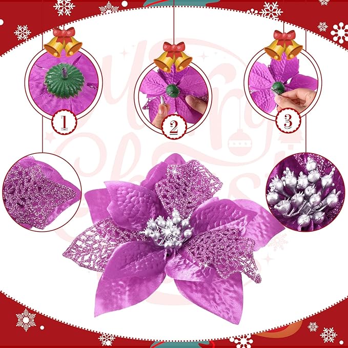 WILLBOND 36 Pieces Christmas Poinsettia Glitter Faux Flowers Christmas Artificial Flowers Tree Ornaments Topper Xmas Decorations(Light Purple)